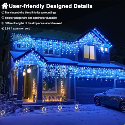99ft Blue and White Christmas Lights, 1216 LED Icicle Lights for Outside House Clear Wire Twinkle Light with 8 Modes Timer Waterproof for Window Party Tree Holiday Patio Yard Home Decor
