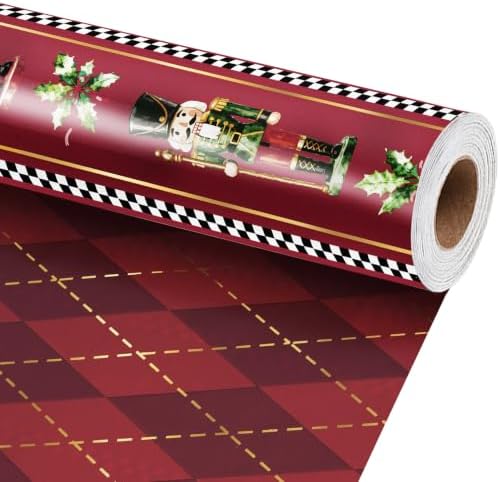 LaRibbons Nutcracker Christmas Wrapping Paper, Red Gold Foil Argyle Plaid