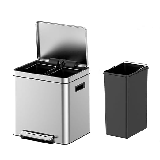 Takywep 2x8 Gallon Stainless Steel Trash Can with Soft-Close Lid & Foot Pedal, Rectangular Recycling Bin with 2 Removable Buckets for Kitchen, Office, Home Waste Separation