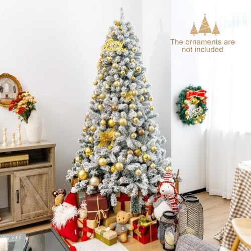 COSTWAY 7.5 FT Flocked Christmas Tree, Unlit Hinged Xmas Tree with 1010 Snowy Branch Tips & Metal Stand, Artificial Christmas Tree for Home Office Party Decoration, Green & White