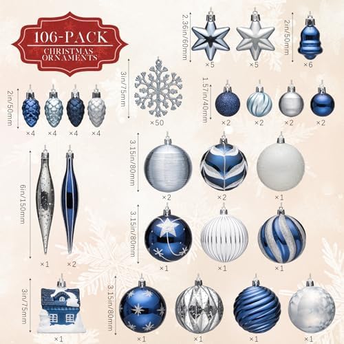JORNOY 106Pcs Christmas Ornaments Bulk, Shatterproof Plastic Hanging Balls Bulbs Assorted Decor for Tree Decorations Home Holiday Party with Lanyard, Silver & Blue