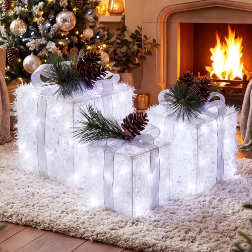 Set of 3 Christmas Lighted Gift Boxes, 60 White LED Pre-Lit Decor