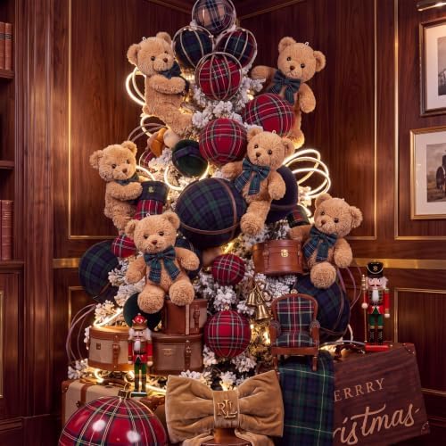Chalyna 6 Pack Christmas Teddy Bear Decor with Velvet Tartan Bow, Green