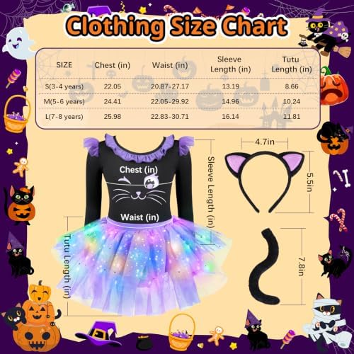 GIFTINBOX Black Halloween Cat Costume for Girls, Light Up Outfit Kids 3-8