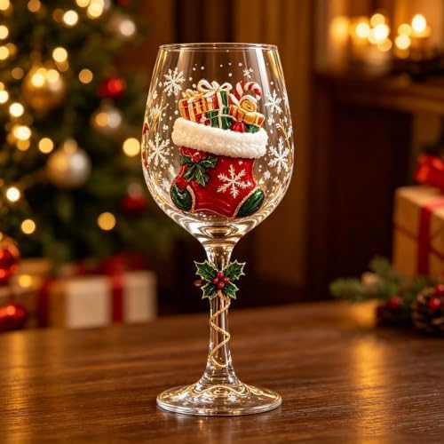 Christmas 3D Wine Glass Collection Gift Box Set, 3D Christmas Wine Glasses,Raised Holiday Goblet with Snowflake Decor,Festive Glassware,Holiday Party Decor,Wines & Cocktails,Table Decor (1pcs B)