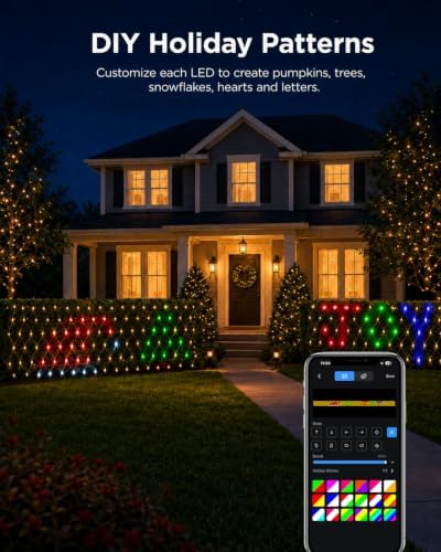 Christmas Net Lights Outdoor for Bushes 2.8 x 6 ft, DIY Patterns, 180 RGB LEDs with Green Wire, App & Remote Control, Music Sync Timer for Outdoor Christmas Lights