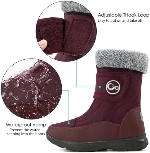 Almusen Snow Boots for Womens Winter Shoes: Warm Fur Lining Mid Calf Boots Women Anti Slip Waterproof Hook Loop Comfortable Outdoor Boot