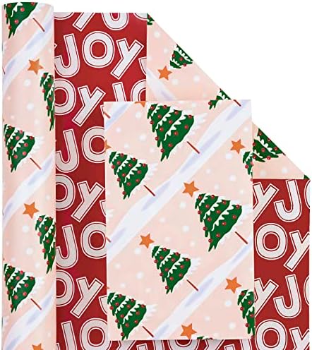 WRAPAHOLIC Reversible Christmas Wrapping Paper - Mini Roll - 17 Inch x 33 Feet - Christmas Tree Wrapping Paper with Joy Lettering Perfect for Holiday, Party, Celebration