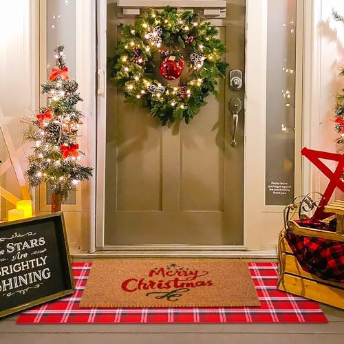 Christmas Red Green White Plaid Rug, 24"x 51" Cotton Hand-Woven Buffalo Check Layered Door Mat for Front Porch, Entryway, Outdoor Holiday Decor, Washable Farmhouse Rug for Home, Patio, Kitchen