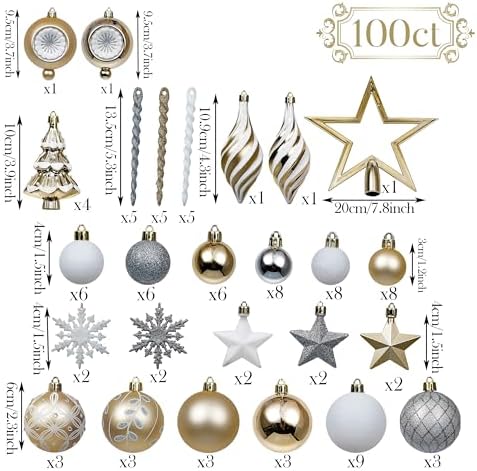 Valery Madelyn Christmas Ball Ornaments, 100ct White and Gold Shatterproof Christmas Tree Decorations Set, Elegant Hanging Ornaments for Xmas Trees Bulk Holiday Wedding Party Decor