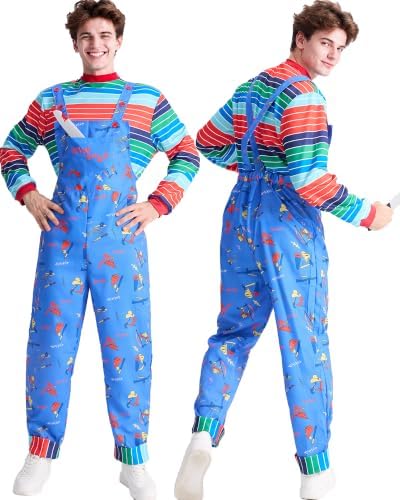 Adult Halloween Chucky Costume Striped Top Overalls Knife Tattoo Scars