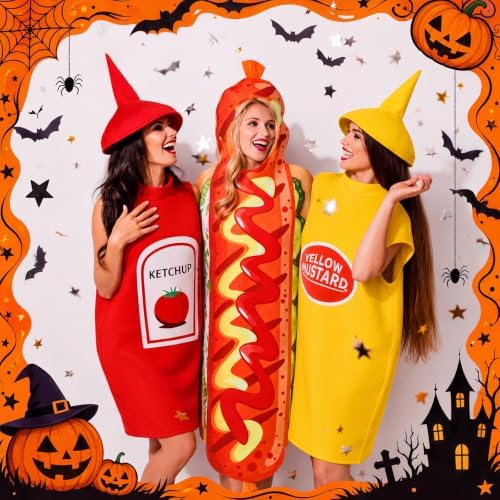 Mepase 3 Pcs Hot Dog Ketchup Mustard Halloween Costumes Set for Adults