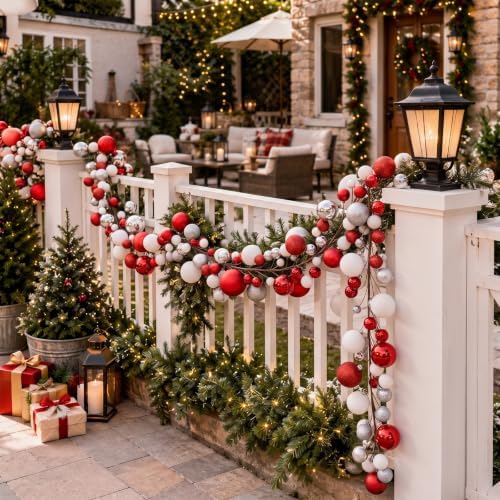 2 Pcs 15 ft Christmas Ball Ornament Garland, Red, White, Silver