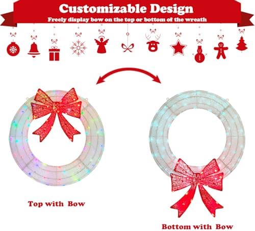 Lighted Wreath Christmas Outdoor Decorations, 24in Small Christmas Outdoor Lights Wreaths 110 Multi-Color Changing Lights, Prelit Wreath with Plug-in for Front Door, Window, Garage-White