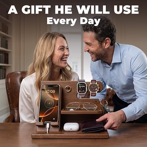 TESLYAR Wood Phone Docking Station for Men - Desk or Nightstand Organizer - Birthday Gifts for Husband or Dad - Anniversary Idea from Wife - Key Holder, Stand Wallet, Watch & Essentials (Earth Beige)