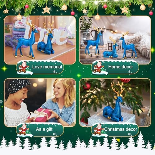 Thyle 4 Pcs Christmas Reindeer Decor Indoor Small Blue Resin Deer Figurine