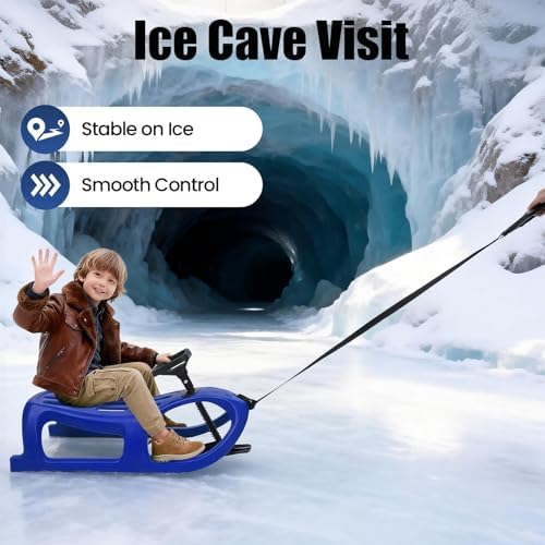 Snow Sled with Steering Wheel for Kids - Durable Blow Molded PE & Iron Winter Sleigh with Pull Rope, Single Rider for Outdoor Snow Fun, Blue Children's Sled