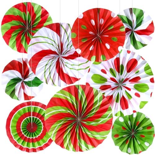 Outus 9 Pcs Christmas Hanging Decorations Candy Paper Fans Red and Green