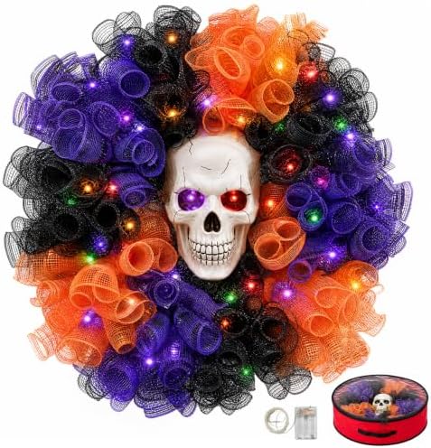 24 in Halloween Wreath with Skull and Color-Changing Lights