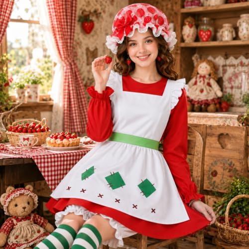 5 Pcs Women's Halloween Strawberry Cake Cosplay Costume Set, Red Dress