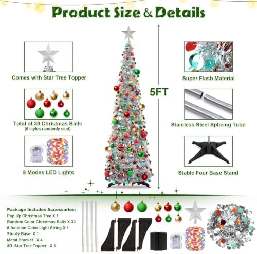 N&T NIETING Pop Up Silver Mix Tinsel Christmas Tree with Lights & 30 Balls, 5Ft Collapsible Skinny Christmas Tree for Holiday Xmas Home Office Decor