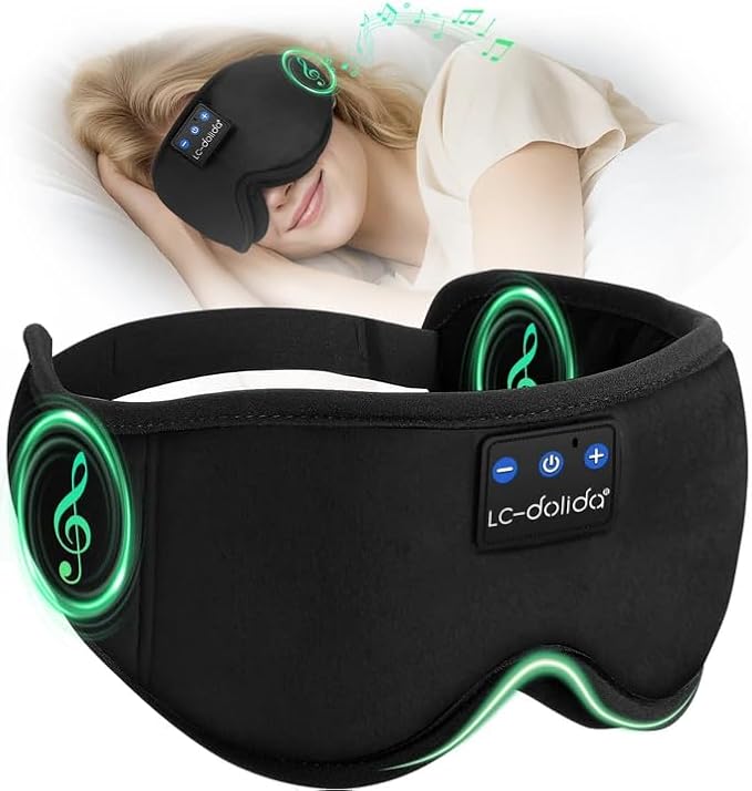 Sleep Mask with Headphones Bluetooth 5.4, LC-dolida Wireless Music Eye Mask for Sleeping Headphones with Soft Silk Cooling Breathable,Ultra-Thin Stereo Speaker for Side Sleepers-Raven