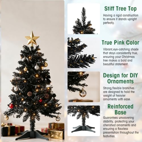 4ft Black Mini Artificial Christmas Tree Hinged Design with 100 Battery Powered LED Lights, 202 PVC Tips Small Black Xmas Tree for Apartment Corner Office Indoor Holiday Party Decorations