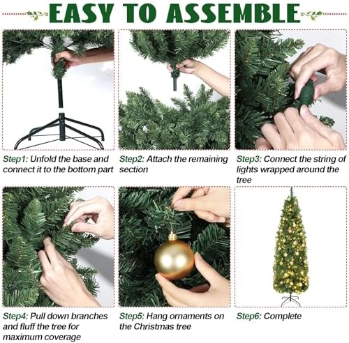 31 Pcs 6 Ft Artificial Slim Christmas Tree with 200 LED Warm White String Lights 30 Gold Ball Ornaments Skinny Thin Pencil Tree with Metal Stand for Home Xmas Holiday Party Decoration