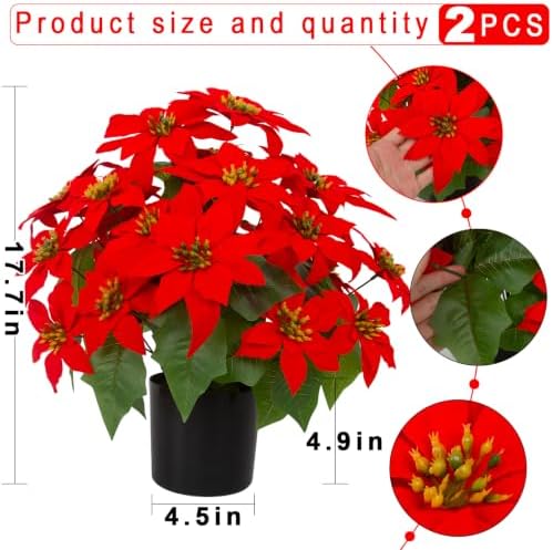 Daynight 2Pcs Artificial Poinsettias with Pots Christmas Flowers, 17.7"