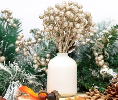 Fangoo 20 Pack 7 Inch Champagne Gold Berry Stems for Christmas Tree