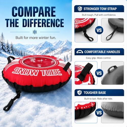Snow Tube, 44-Inch Heavy-Duty Inflatable Snow Sled for Adults Premium Canvas Cover with Reinforced PVC Bottom