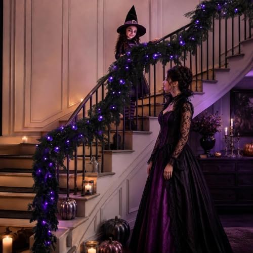Pre-Lit Halloween Garland 9FT Decorations Black Real Touch Cedar Cypress Pine Plant Artificial Halloween Garland with Lights for Mantle, Fireplace, Table, Stairs, Door, Indoor Outdoor Decorations