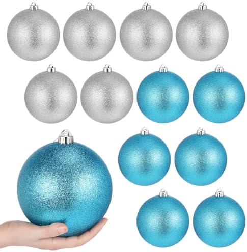 Poen 12 Pcs 6 Inch Large Glitter Christmas Ball Ornament, Blue, Silver