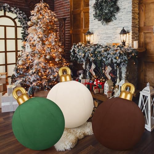 Jetec 3 Pcs 32 Inch Giant Velvet Christmas Inflatable Balls Ornament Flocked Xmas PVC Inflatable Flocked Ball Ornaments for Christmas Holiday Outdoor Blow up Yard Decor(Beige, Brown, Dark Green)