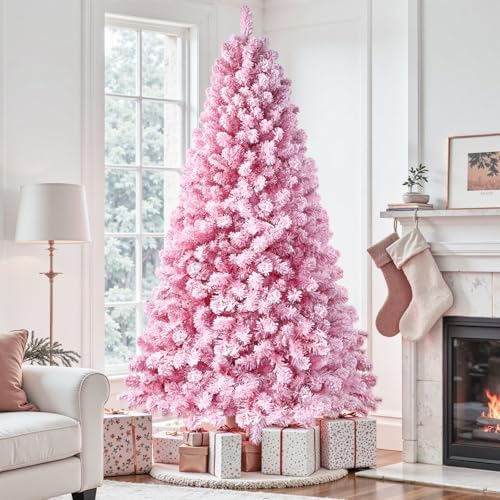 SHareconn 6ft Snow Flocked Spruce Pre-lit Artificial Christmas Tree, Pink