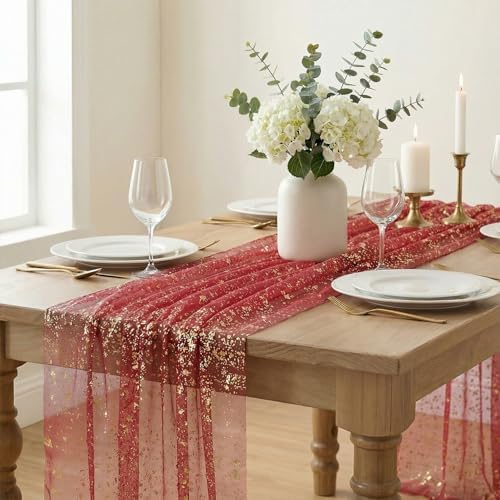 Artoid Mode Red Gold Gauze Table Runner 59x120 Inch 10FT, Glitter Metallic Foil Sheer Dining Wedding Anniversary Holiday Table Decor for Home Party