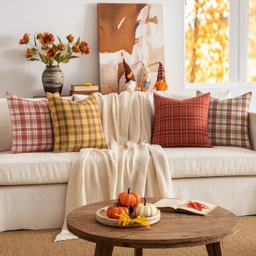 MIULEE Fall Plaid Pillow Covers Scottish Tartan 20x20 Burnt Orange