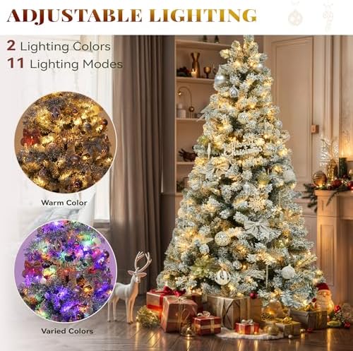 YITAHOME Prelit Snow Flocked Artificial Full Christmas Tree 7.5ft with Remote Control, Christmas Pine Tree with 11 Light-Modes, 1450 Branch Tips and Foldable Base for Home, Party Decoration