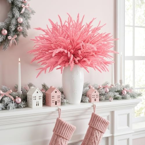 40 Pcs Pink Artificial Christmas Pine Branches, Pink Christmas Tree Picks