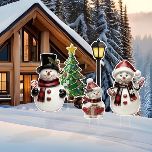 Leinuosen 5 Pcs Christmas Snowman Family Yard Signs Outdoor Decorations