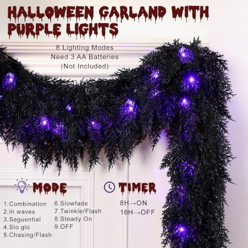 9FT Black Halloween Garland with Lights Realistic Prelit Christmas Garland