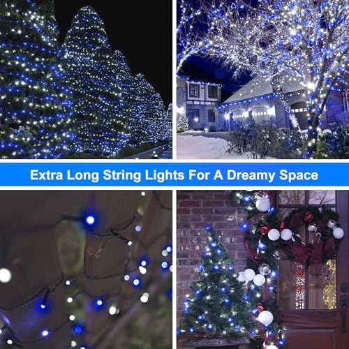 Wellisnow 164ft 500 LED Blue White Christmas Lights, 8 Lighting Modes Waterproof Christmas Lights Outdoor Plug in for Christmas Tree Yard Wedding Decorations(164FT,Blue&White)