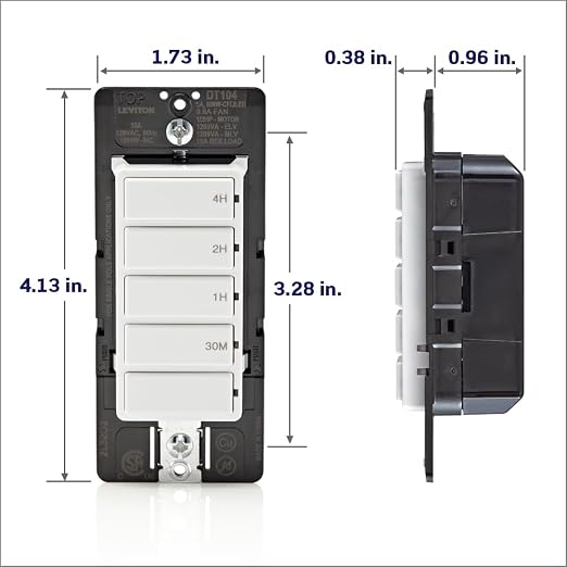 Leviton Countdown Timer Switch for household lights, heaters and exhaust fans, 30 min, 1-2-4 hour, No Neutral Wire Required, Single Pole, 15A, 1/2 HP/9.8A Fan/Motor, DT104-1LW, White