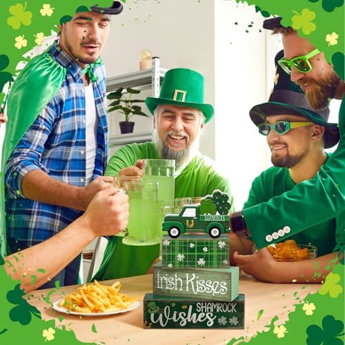 Lineshading 4 Pcs Wooden Shamrock Tiered Tray Decor St Patrick Block Signs
