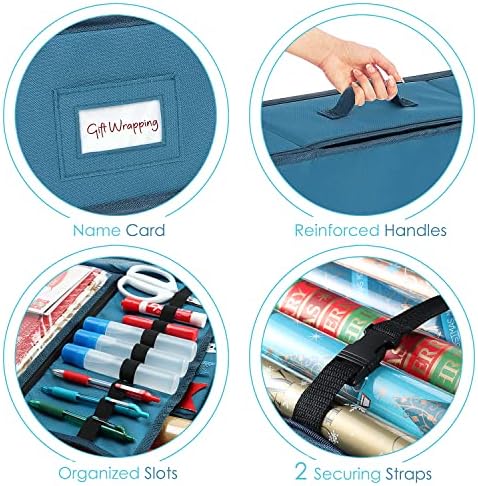 Hearth & Harbor Wrapping Paper Storage Container - Christmas Storage Bag with Ribbon Dispenser and Interior Pockets - Gift Wrap Organizer Fits Up to 26 Rolls of 40" Length, Blue