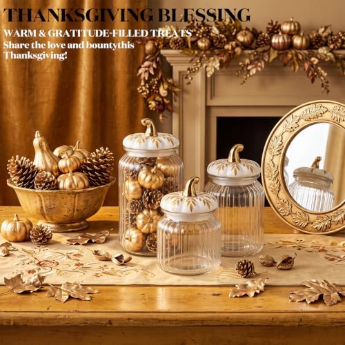 Mimorou 3 Set Fall Pumpkin Glass Jar with Pumpkin Airtight Ceramic Lid 44 oz 33 oz 22oz Clear Candy Jar Food Storage Canister for Thanksgiving Party Tea Cookie Table Decoration (White and Gold B)