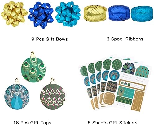 WRAPAHOLIC Peacock Christmas Wrapping Paper Set - Green Peacock Elements Patterns with Metallic Foil Shine Wrapping Paper Bundle with Gift Bow & Ribbon & Tag & Sticker