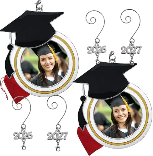 Graduation Photo Ornament 2026 & 2027 with Dated Charms, Personalized Graduation Gift, Graduation Cap Christmas Tree Ornament, Picture Keepsake with Storage Bags, Set of 2, 3 Inch