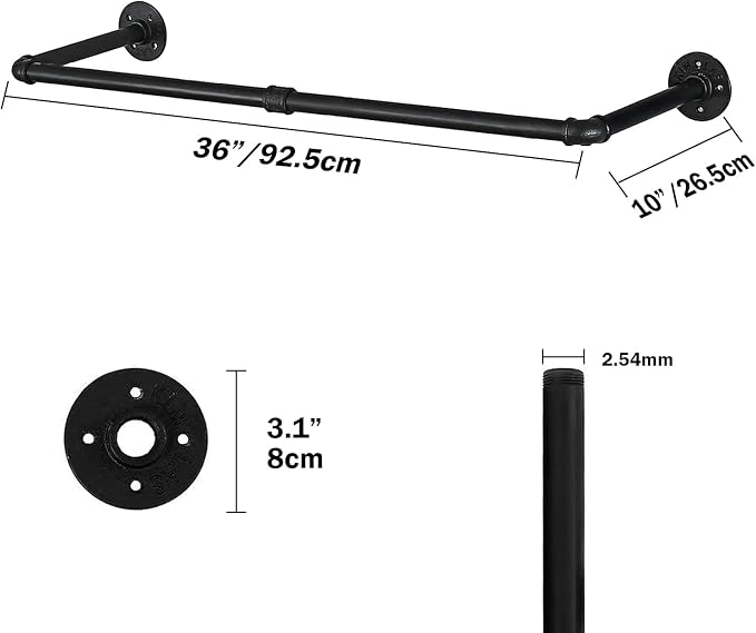 Oroonoko 36inch Industrial Pipe Clothes Rack Wall Mount For Hanging Rod Bar for Laundry Room Up to Max Load 135Lb