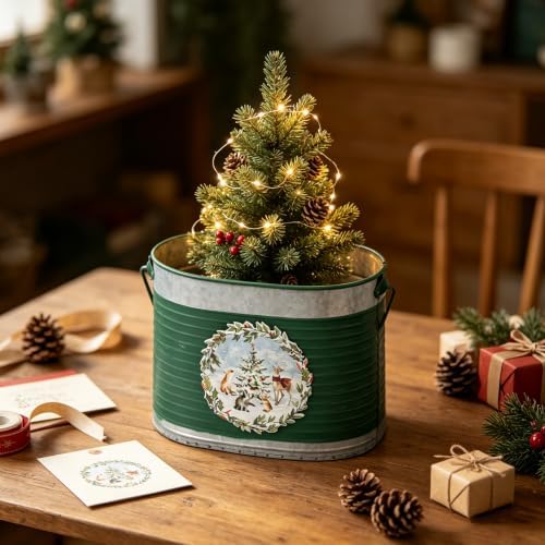 Set of 3 Galvanized Metal Christmas Tree Buckets with Handles, Green Woodland Deer Wreath Decorative Planter Tubs, Farmhouse Holiday Storage Container for Mini Xmas Trees, Ornaments